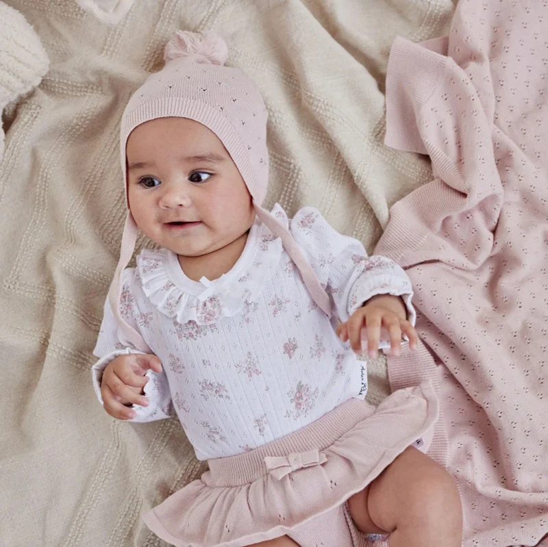 Aster & Oak Posie Floral Pointelle Flutter Onesie - White - Image 4